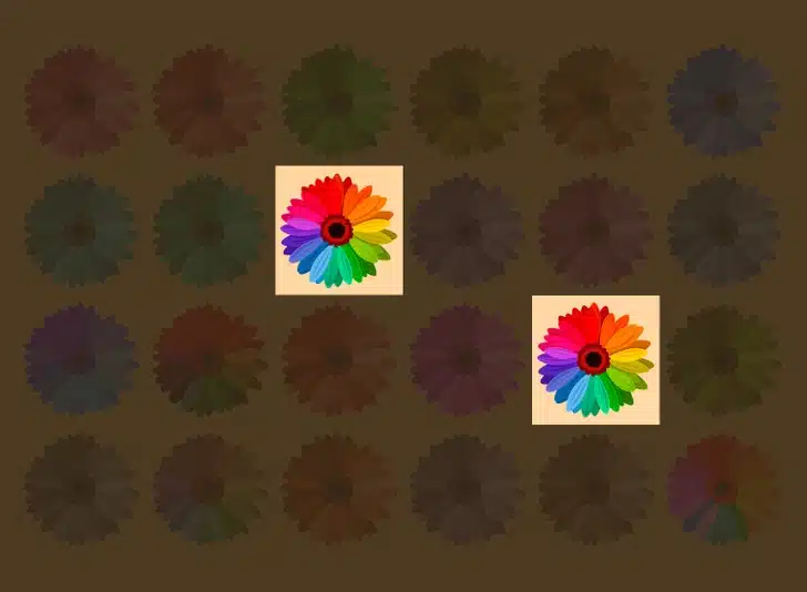 Desafio visual com uma ilustração de 24 flores coloridas em diferentes cores sobre fundo bege