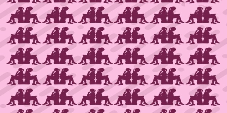 Desafio visual com um padrão repetido de silhuetas roxas de meninas sentadas em fundo rosa
