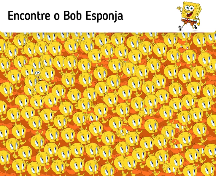 Desafio para encontrar o personagem Bob Esponja escondido entre vários Piu Pius amarelos. Desafio visual com muitos Piu Pius amarelos e um Bob Esponja escondido no meio
