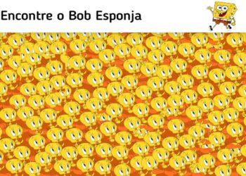 Desafio visual com muitos Piu Pius amarelos e um Bob Esponja escondido no meio