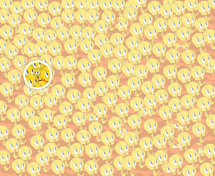 Encontre o Bob Esponja entre os Piu Pius Desafio visual com muitos Piu Pius amarelos e um Bob Esponja escondido no meio