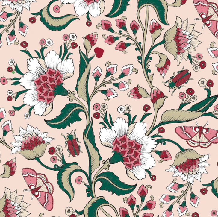 Ache o coração escondido nesta estampa com flores e insetos. Desafio visual com um padrão detalhado com flores grandes, folhas verdes, borboletas e insetos