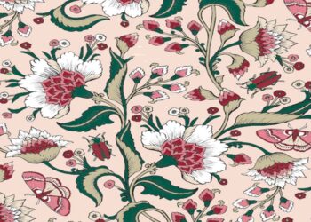 Desafio visual com um padrão detalhado com flores grandes, folhas verdes, borboletas e insetos