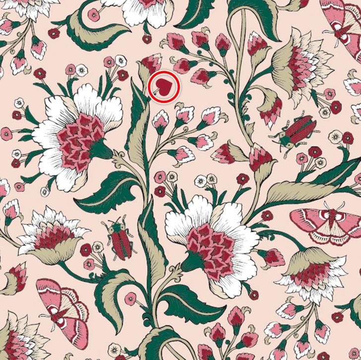 Encontre o coração camuflado neste estampa floral vintage com borboletas e insetos Desafio visual com um padrão detalhado com flores grandes, folhas verdes, borboletas e insetos