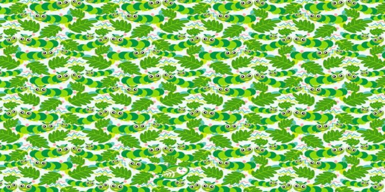 Desafio visual com um padrão repetitivo com lagartas verdes entre folhas verdes e fundo branco