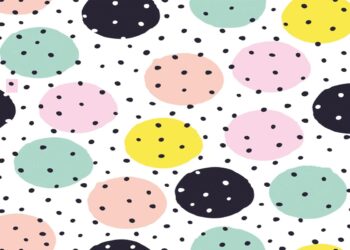 Desafio visual com um fundo branco com bolinhas coloridas grandes em verde, rosa, amarelo e preto, todas com pequenos pontos pretos.