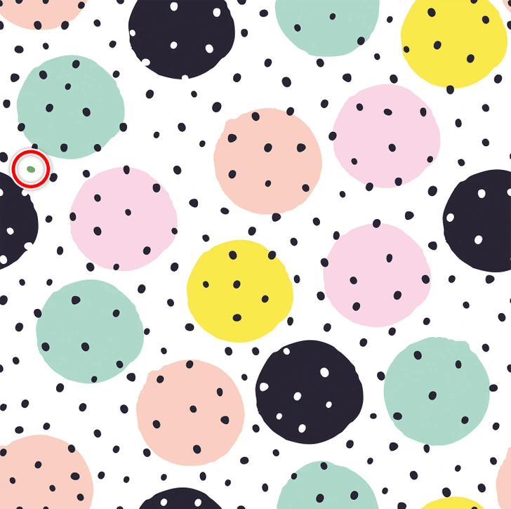 Desafio visual com um fundo branco com bolinhas coloridas grandes em verde, rosa, amarelo e preto, todas com pequenos pontos pretos.