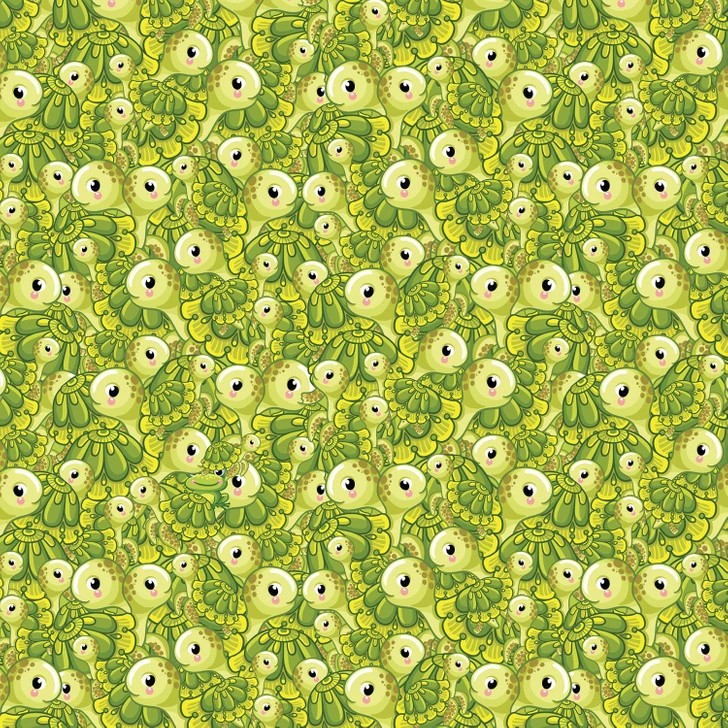 Desafio visual com uma ilustração repetida de tartarugas-verdes com olhos grandes