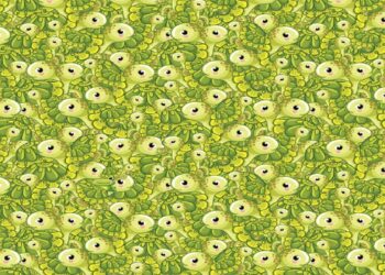 Desafio visual com uma ilustração repetida de tartarugas-verdes com olhos grandes