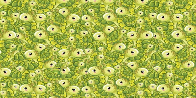 Desafio visual com uma ilustração repetida de tartarugas-verdes com olhos grandes