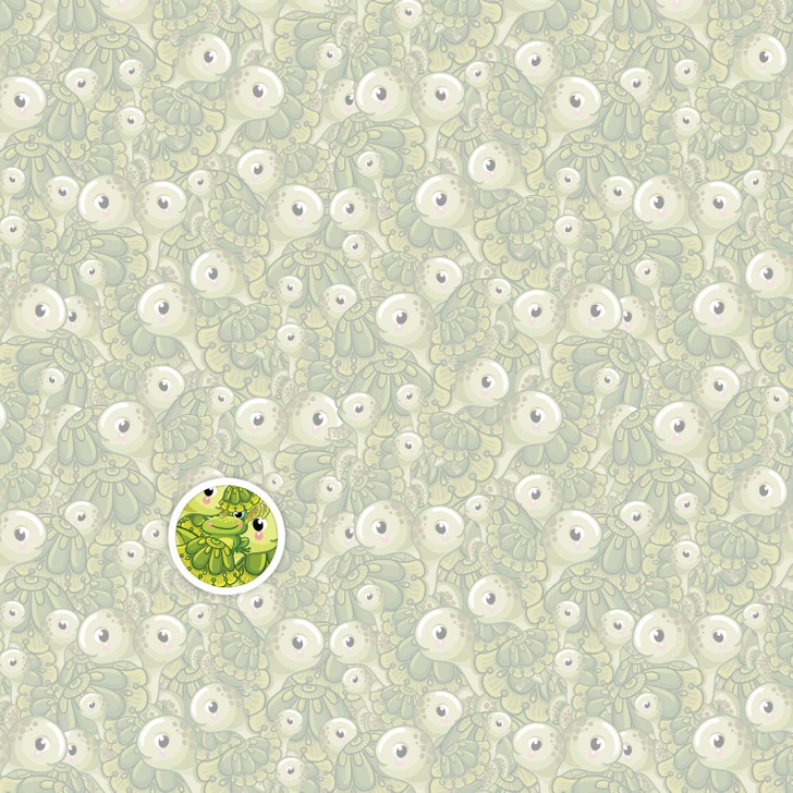 Desafio visual com uma ilustração repetida de tartarugas-verdes com olhos grandes