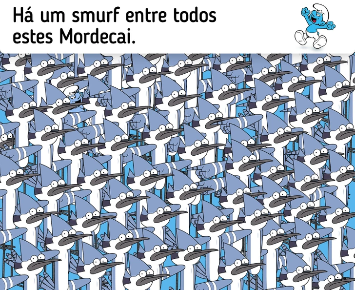 Desafio visual com várias figuras do personagem Mordecai e um Smurf escondido entre elas