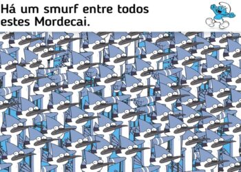 Desafio visual com várias figuras do personagem Mordecai e um Smurf escondido entre elas
