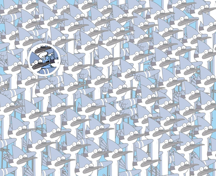 Desafio visual com várias figuras do personagem Mordecai e um Smurf escondido entre elas