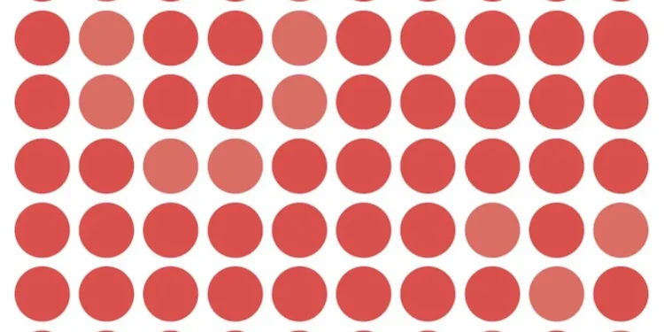 Desafio visual com círculos vermelhos onde letras U e X estão camufladas em tons mais claros no centro da imagem.