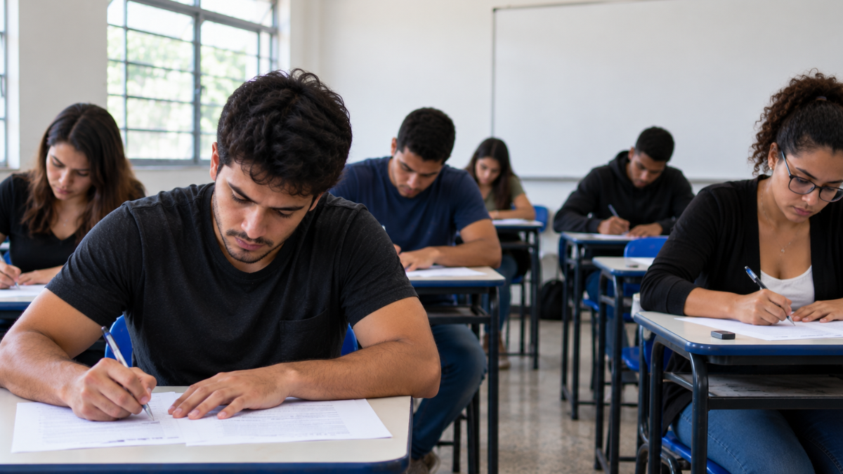 Candidatos realizando prova escrita em sala de aula representando a aplicação do concurso Detran-SP.
