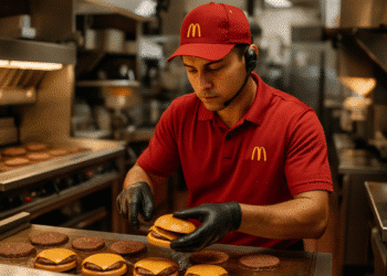 Funcionário do McDonald's preparando hambúrgueres na cozinha