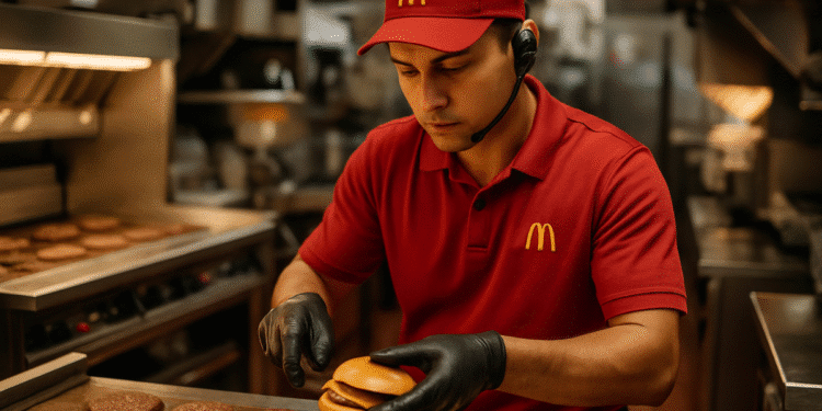Funcionário do McDonald's preparando hambúrgueres na cozinha