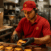 Funcionário do McDonald's preparando hambúrgueres na cozinha