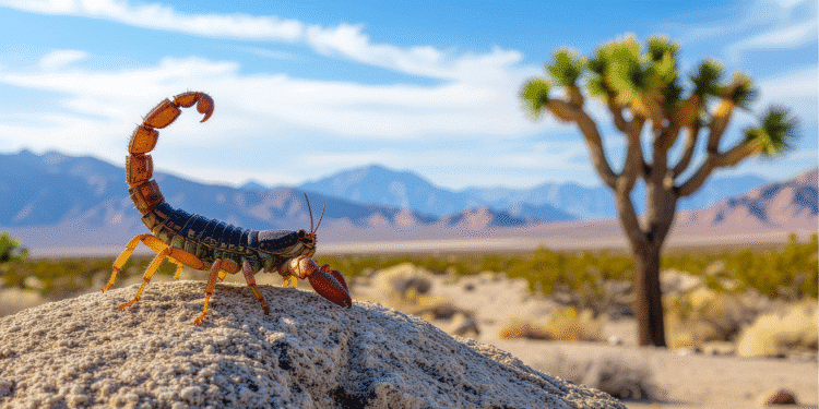 Escorpião sobre pedra no deserto com céu azul e árvore ao fundo, montanhas visíveis.