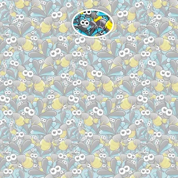 Desafio visual: Encontre a formiga camuflada entre os mosquitos Imagem colorida com mosquitos e uma formiga camuflada entre eles, oferecendo um desafio visual.