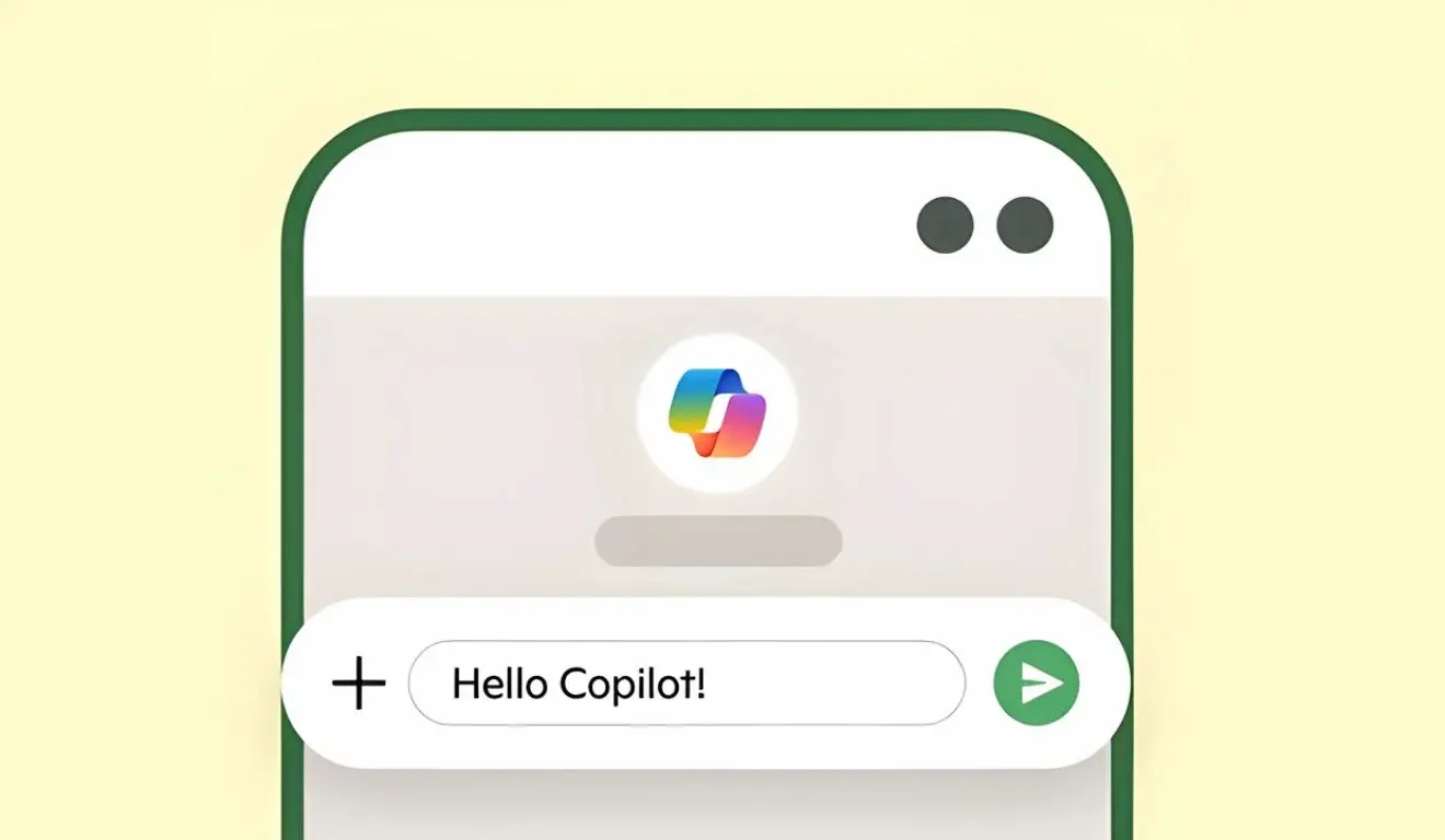 Fim do suporte ao Copilot no WhatsApp em 2026 Interface ilustrativa mostrando mensagem ‘Hello Copilot!’ em aplicativo no estilo do WhatsApp, representando o fim do suporte ao Copilot em 2026.