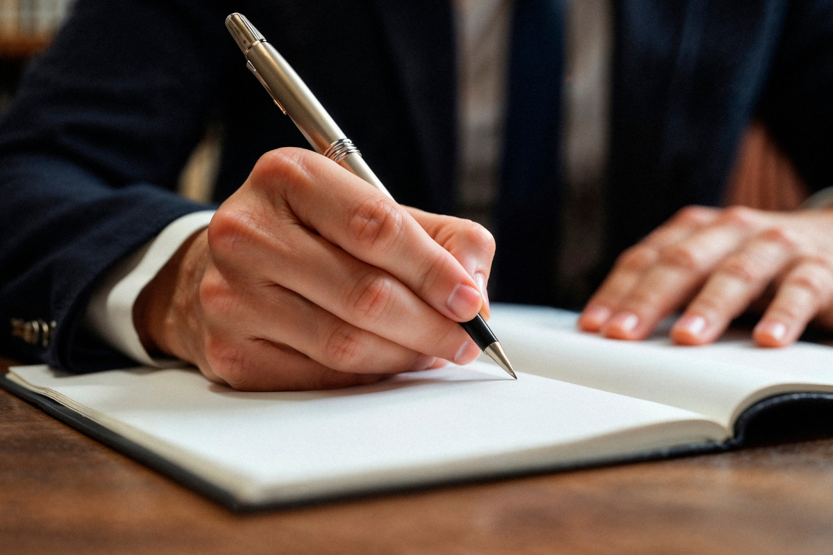 Mão masculina segurando caneta prata e escrevendo em caderno aberto sobre mesa de madeira