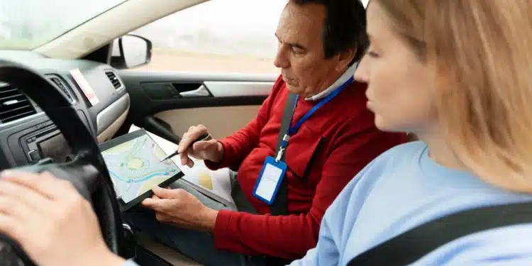 Instrutor autônomo explicando o novo processo de obtenção de CNH para um aluno dentro de um carro, enfatizando as oportunidades de trabalho.