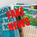 Notas de dinheiro e bilhetes da Mega da Virada com selo vermelho Fake News sobre prêmio