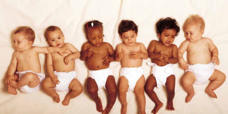 Seis bebês de várias etnias deitados lado a lado usando fraldas brancas em fundo claro.