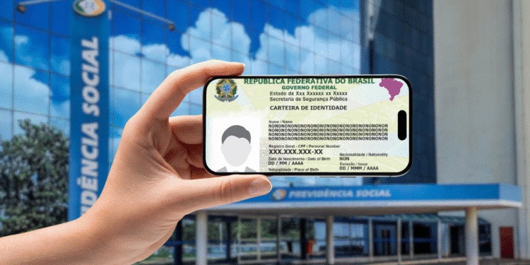 Mão segurando smartphone com carteira de identidade digital na frente do prédio da Previdência Social