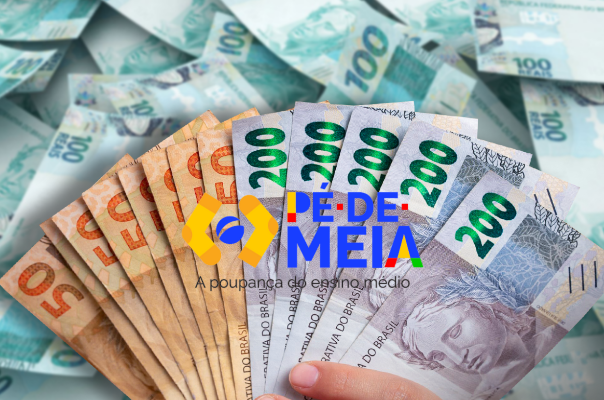 Notas de dinheiro em diferentes valores, com destaque para as cédulas de R$ 200 e R$ 50, representando o pagamento do incentivo do programa Pé-de-Meia para estudantes do ensino médio.