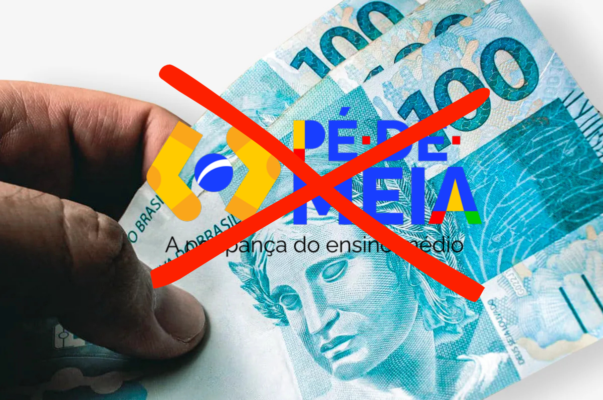 Imagem ilustrativa mostra notas de cem reais com símbolo do programa Pé-de-Meia riscado, representando bloqueio ou não pagamento do benefício em dezembro de 2025