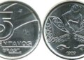 Frente e verso da moeda de 5 centavos de 1989 em aço inox, mostrando o valor de face e a figura do pescador puxando a rede.