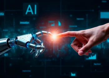 Ilustração de mão humana tocando dedo robótico simbolizando como a inteligência artificial vai transformar profissões até 2026.