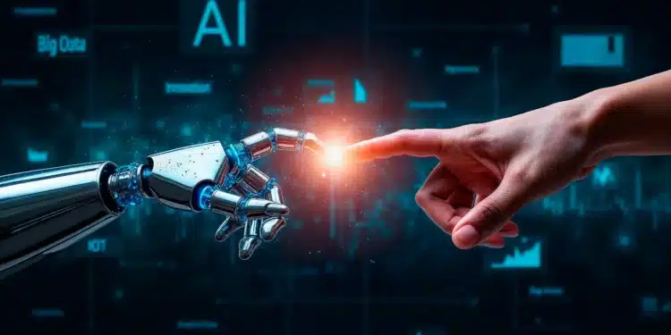 Ilustração de mão humana tocando dedo robótico simbolizando como a inteligência artificial vai transformar profissões até 2026.