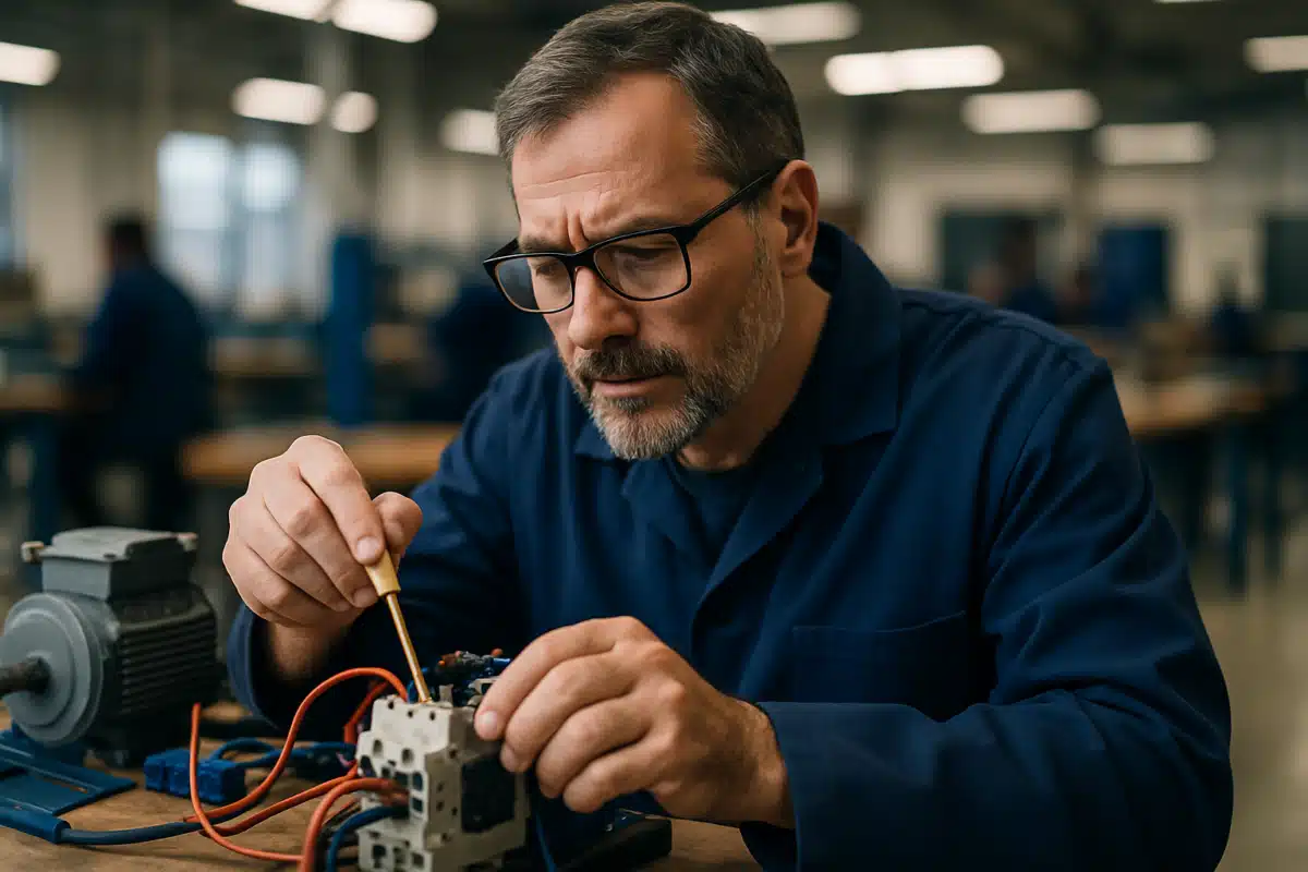 Técnico realizando manutenção elétrica em oficina Homem ajustando componentes elétricos com chave de fenda em oficina