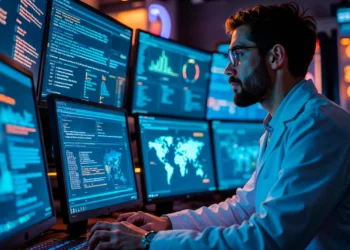 Profissional de segurança cibernética monitorando múltiplas telas com gráficos e mapas em um ambiente de alta tecnologia.