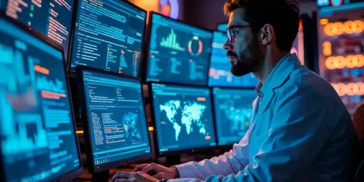Profissional de segurança cibernética monitorando múltiplas telas com gráficos e mapas em um ambiente de alta tecnologia.