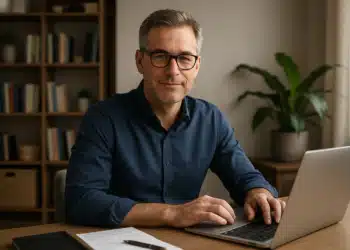 Homem de óculos trabalhando em laptop em ambiente de escritório