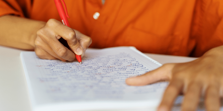 Mão escrevendo e corrigindo texto em caderno de folhas quadriculadas com caneta vermelha