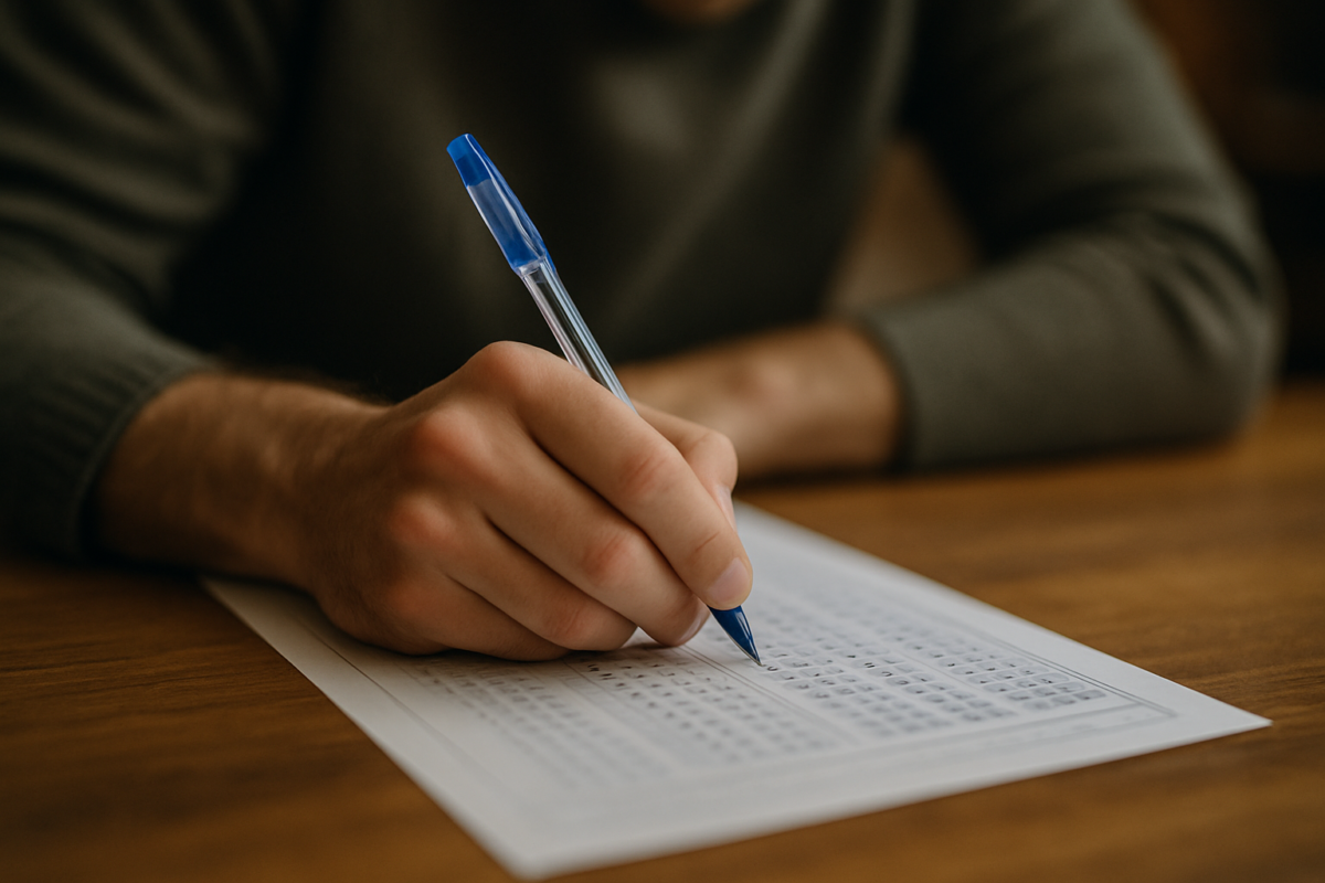 Provas concursos Mão segurando caneta azul e preenchendo gabarito de prova em papel sobre mesa de madeira