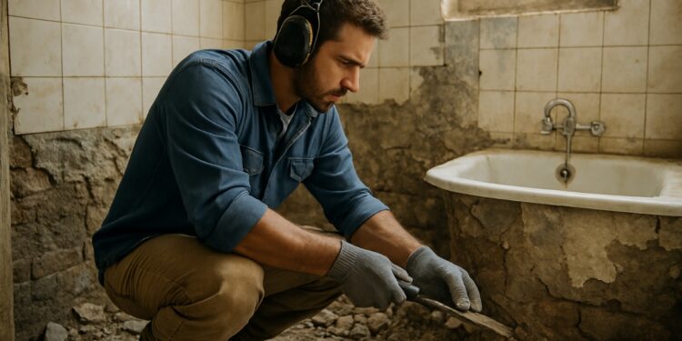 Homem realiza reforma em banheiro residencial durante obra de melhoria habitacional