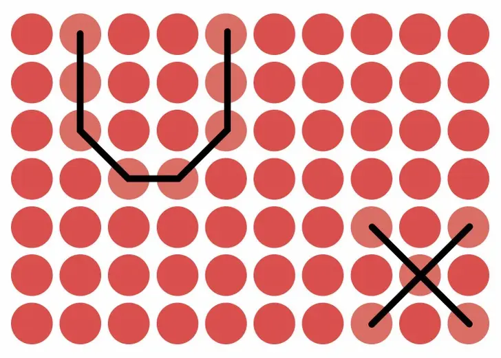 Ilustração do desafio visual com padrão de círculos vermelhos destacando formas em U e X ocultas.