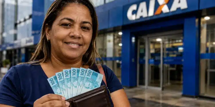 Mulher sorridente segurando carteira com notas de R$ 100 em frente a uma agência da Caixa, representando o Saque Calamidade do FGTS.