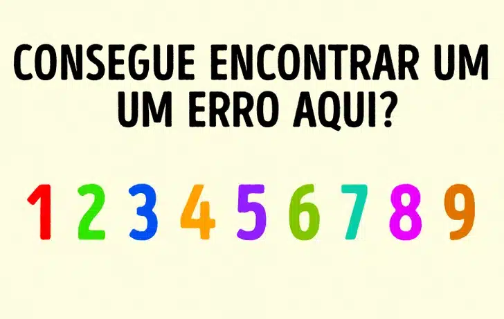 Teste de QI com pergunta "Consegue encontrar um um erro aqui?" e números coloridos de 1 a 9