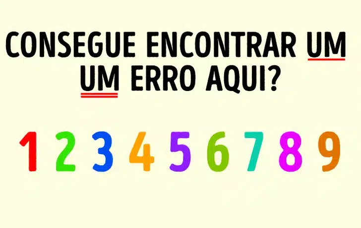 Teste de QI com pergunta "Consegue encontrar um um erro aqui?" e números coloridos de 1 a 9
