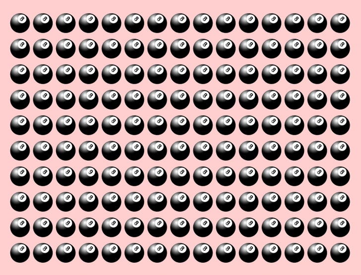 Teste visual com várias bolas de bilhar pretas com número 8 organizadas uniformemente sobre fundo rosa