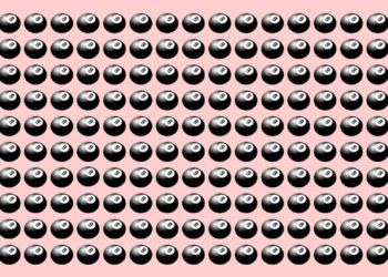 Teste visual com várias bolas de bilhar pretas com número 8 organizadas uniformemente sobre fundo rosa