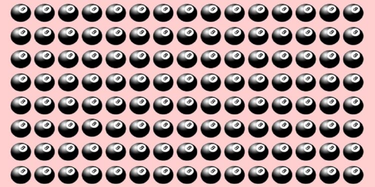Teste visual com várias bolas de bilhar pretas com número 8 organizadas uniformemente sobre fundo rosa